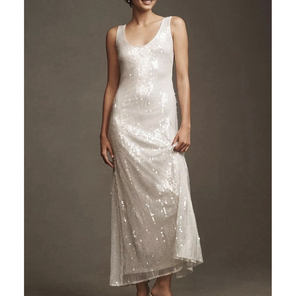 Hutch Sleeveless Scoop-Neck Sequin Column White Maxi Dress BHLDN Bridal XL
